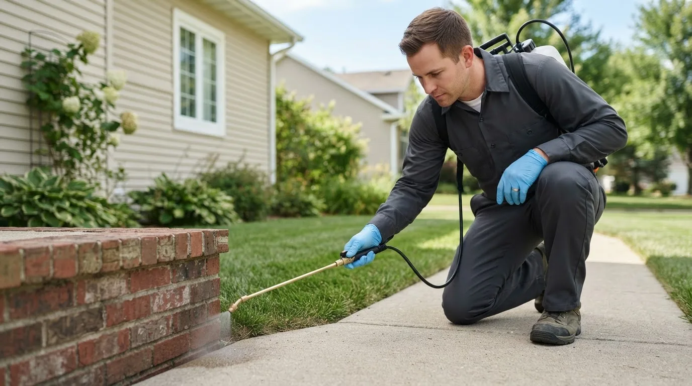Pest control technician treating a home near West Topsham, VT