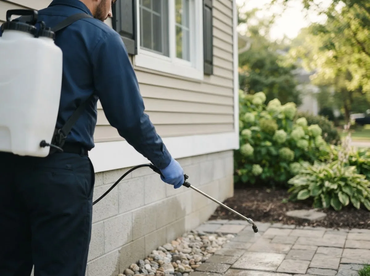 Pest control technician inspecting a home in West Topsham, VT